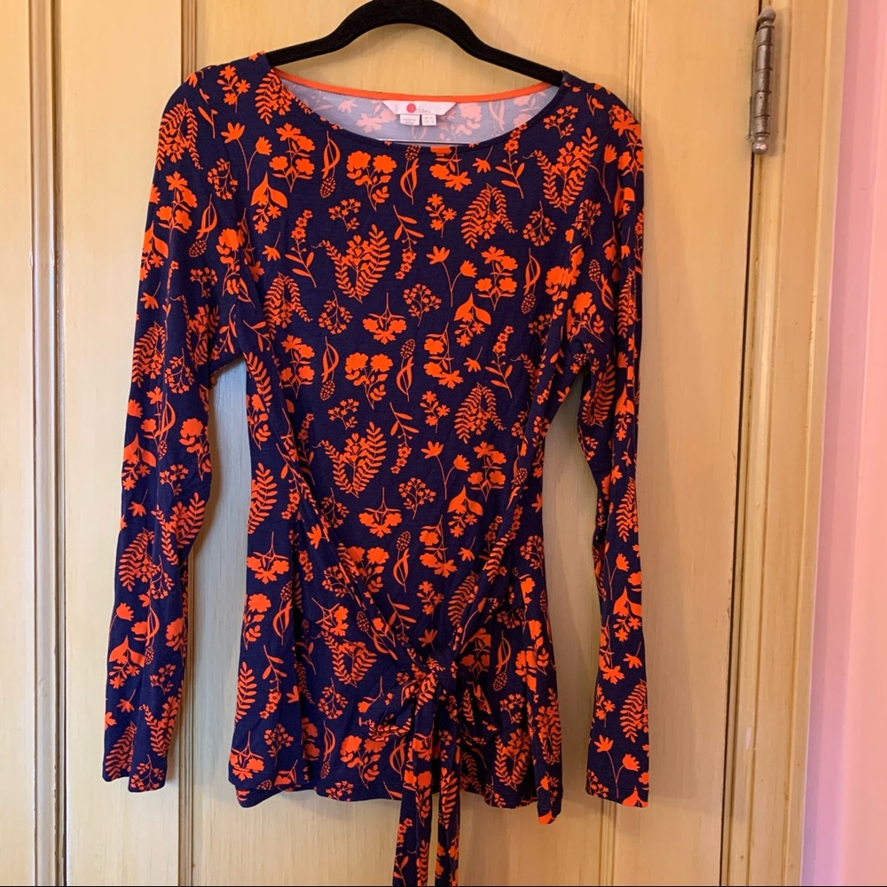 Boden Top Tie Front Floral Stretch Top with waist tie, Navy and Orange Size 6